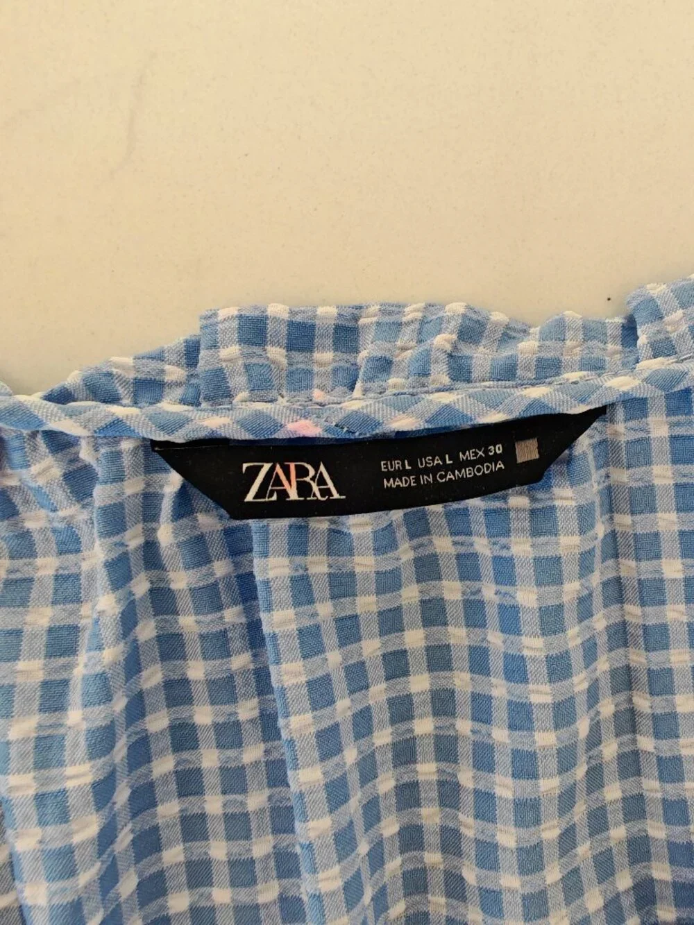Zara Gingham Tie Front Top L | Blue Puff Sleeve Cottagecore Crop Blouse